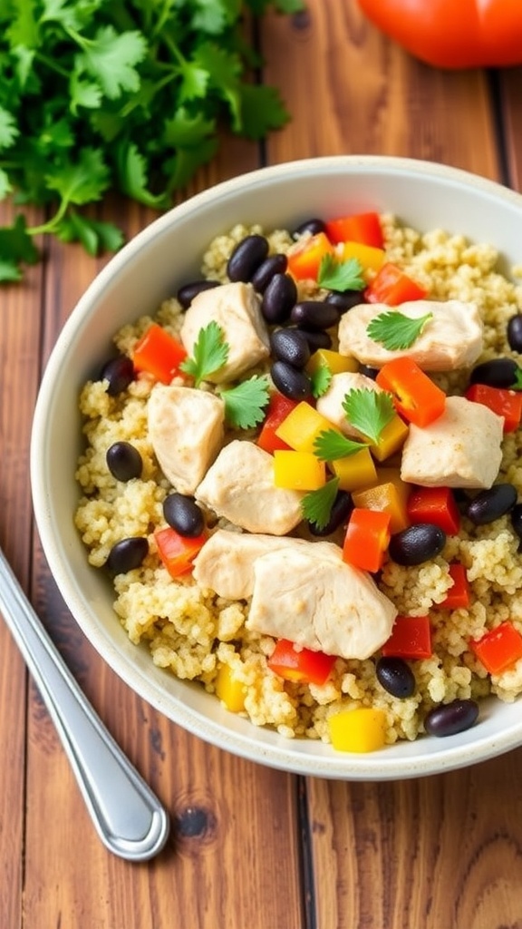 A colorful quinoa chicken bowl with chicken, quinoa, bell peppers, and black beans, garnished with cilantro.